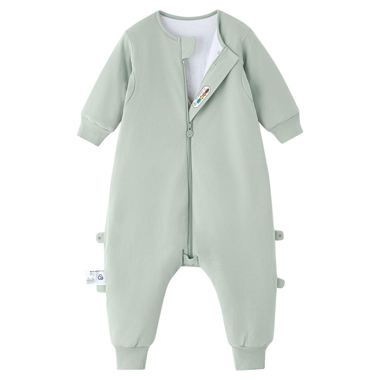 Kaiya Baby toddler sleep sack with feet in pea green offers cozy warmth at night.