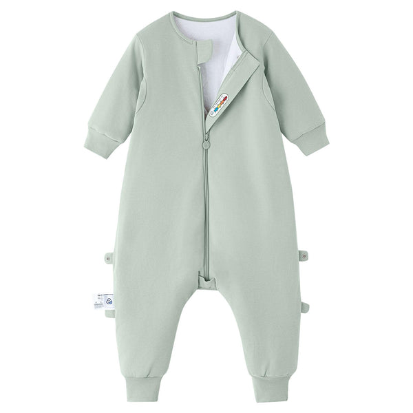 Kaiya Baby toddler sleep sack with feet in pea green offers cozy warmth at night.