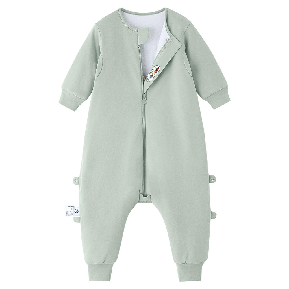 Kaiya Baby toddler sleep sack with feet in pea green offers cozy warmth at night.