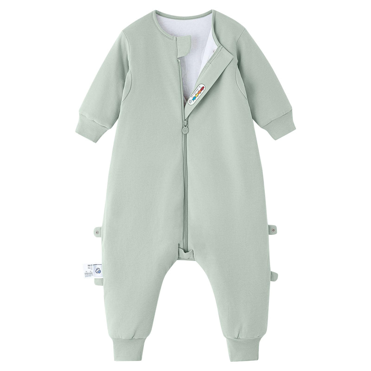 Kaiya Baby toddler sleep sack with feet in pea green offers cozy warmth at night.
