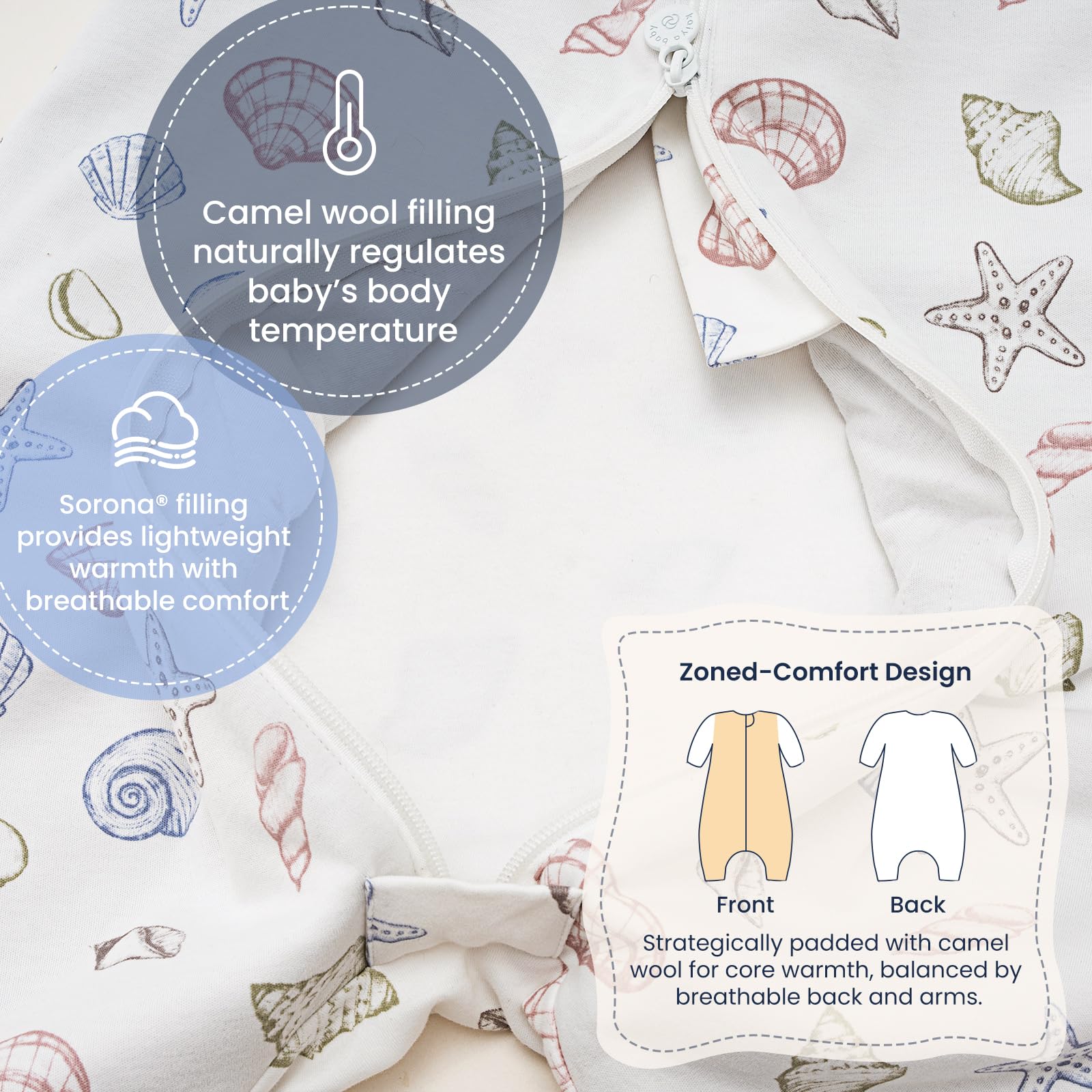 Kaiya Baby sleep sack dual-zippers allow easy night diaper changes.