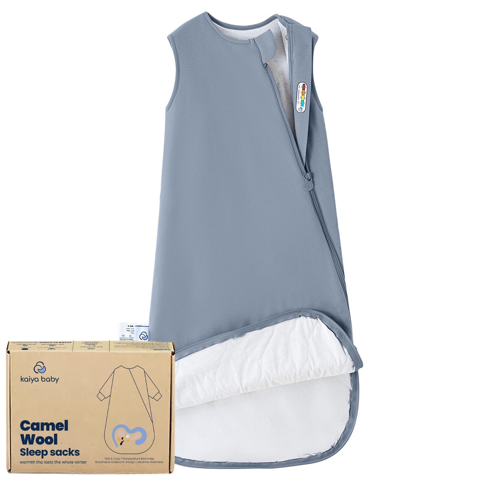 Kaiya Baby unisex sleeping sack front view with dual zippers for easy night diaper changes.