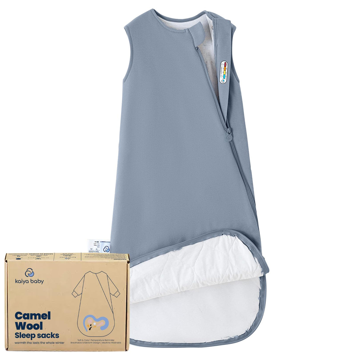 Kaiya Baby unisex sleeping sack front view with dual zippers for easy night diaper changes.