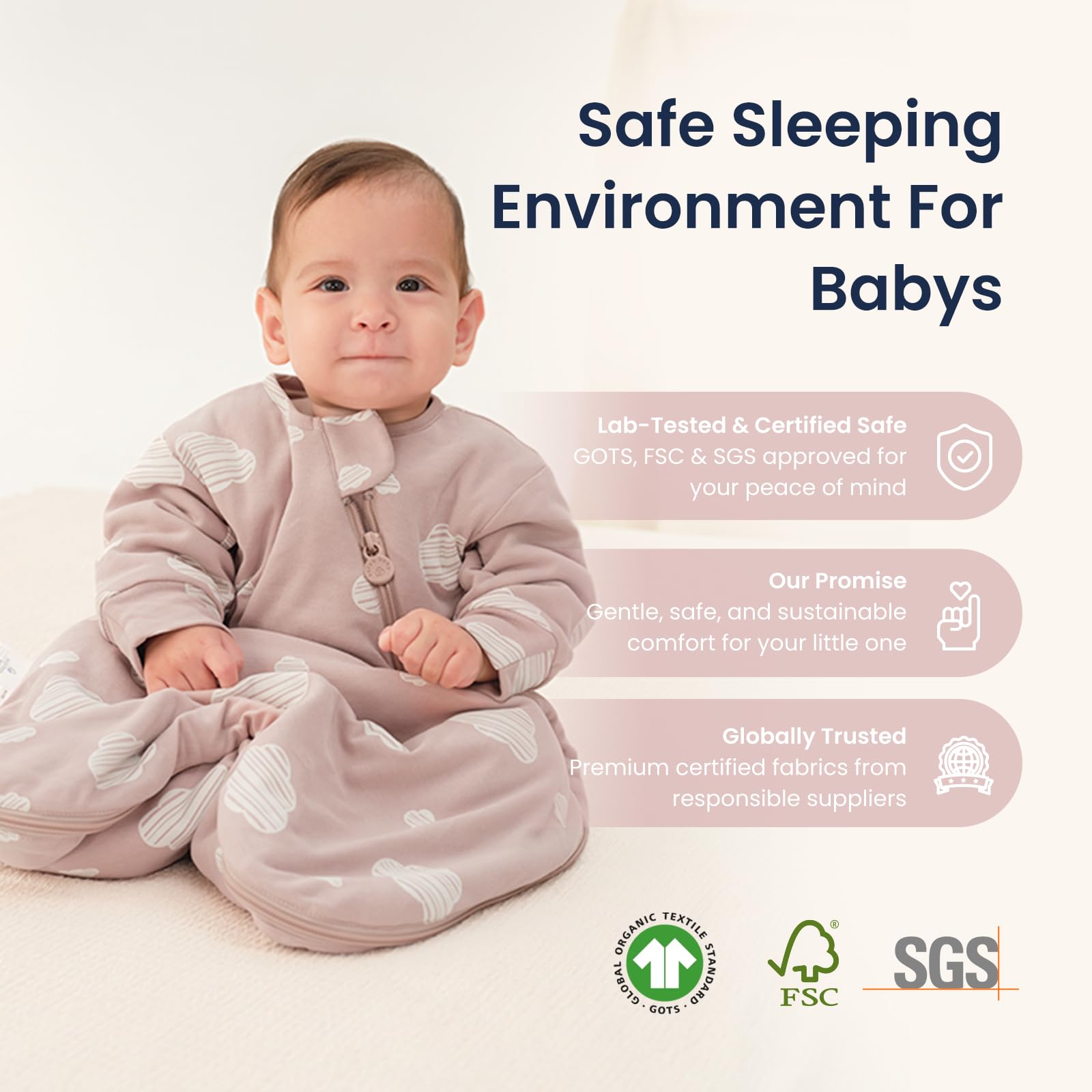 Kaiya Baby easy-care fabric with minimal shrinkage after washing.