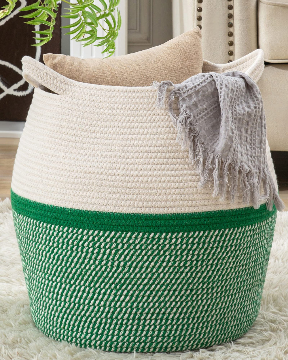 KAKAMAY 17x17 green basket for organized living room storage.