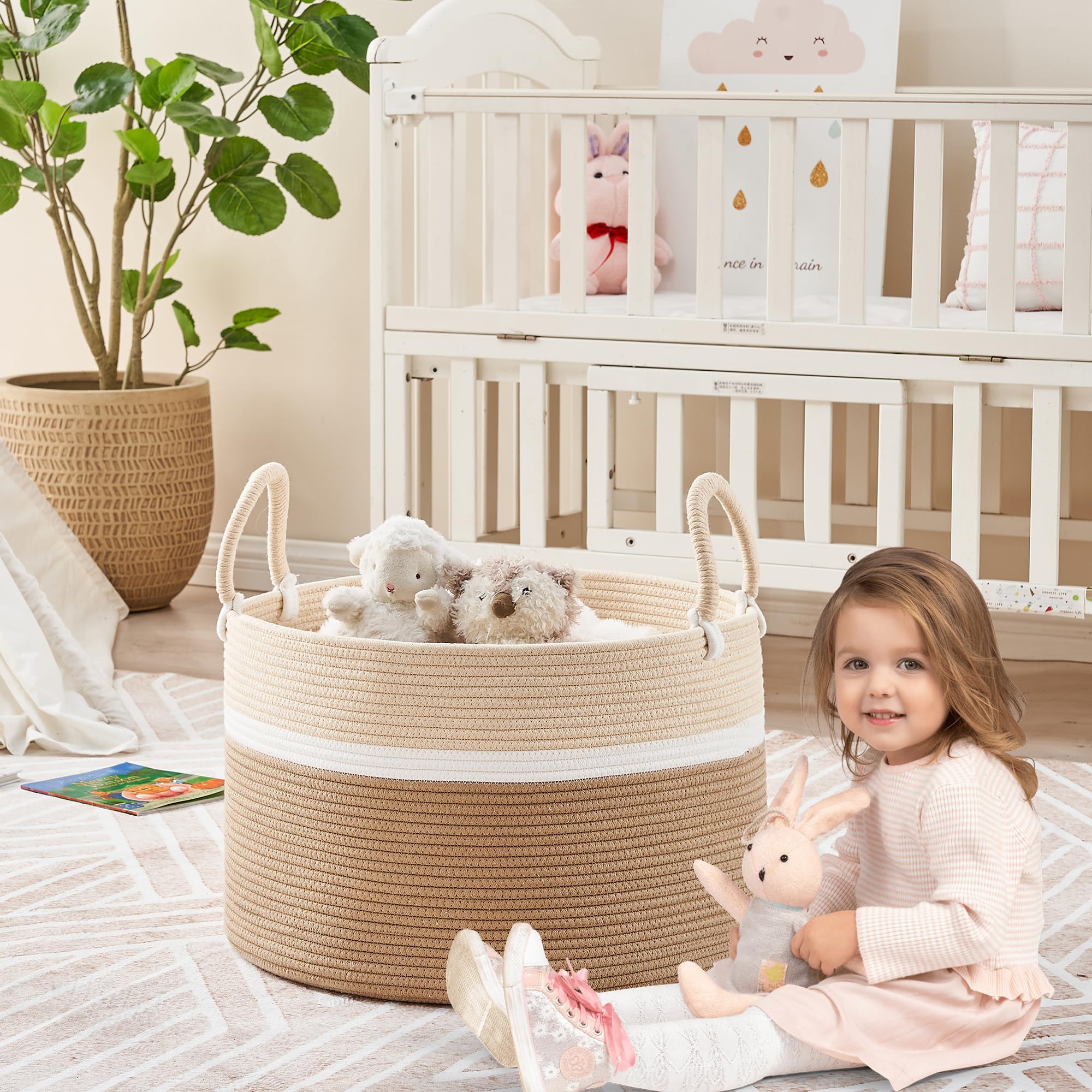 KAKAMAY blanket storage basket with throws and pillows organized