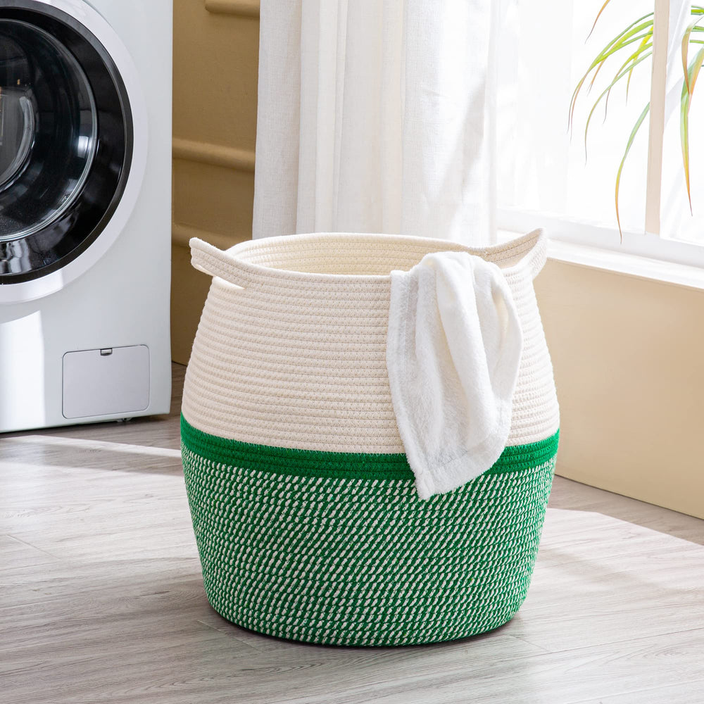 KAKAMAY cotton rope basket folds flat with durable, soft texture in green.