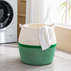 KAKAMAY cotton rope basket folds flat with durable, soft texture in green.