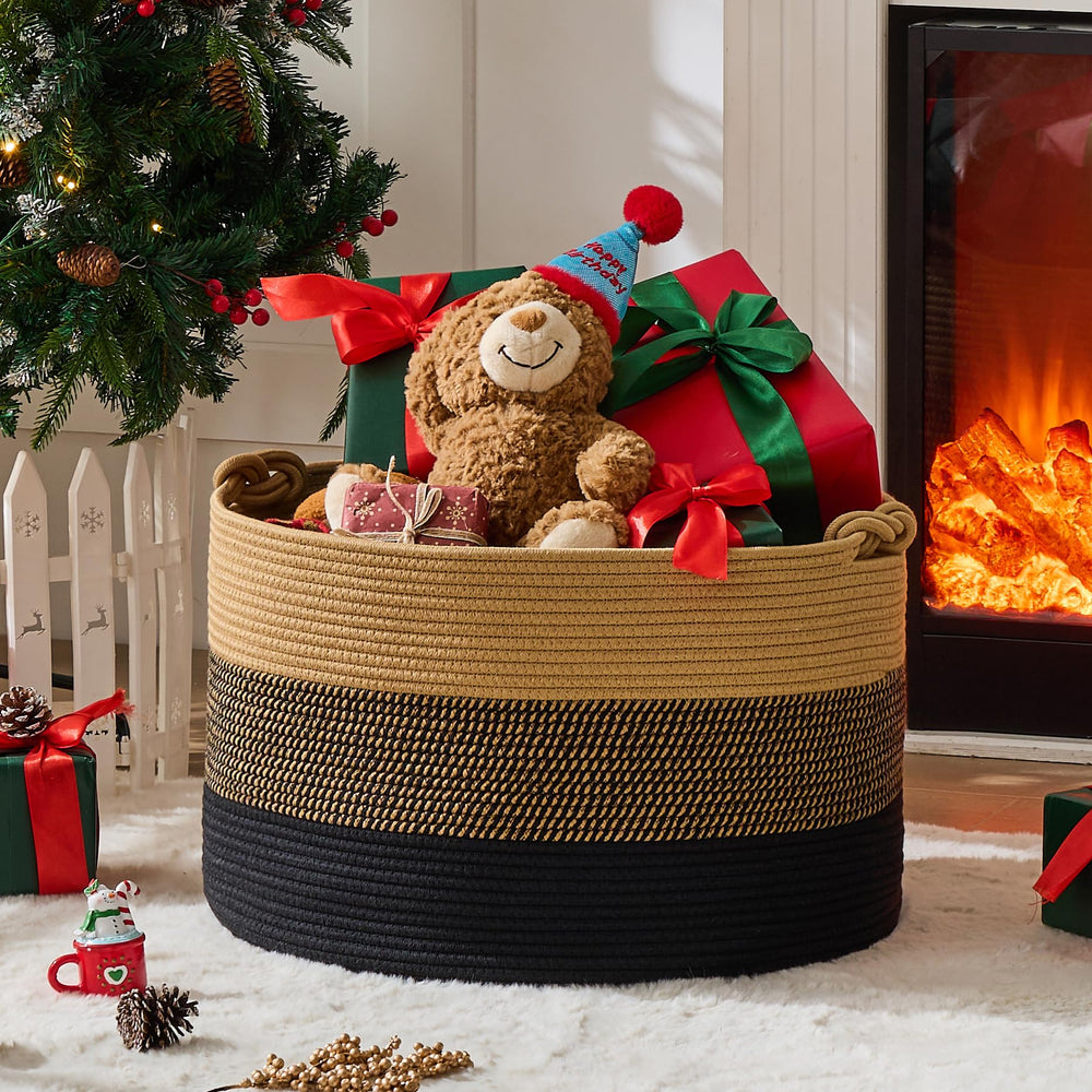 KAKAMAY cotton rope basket in living room for organized space.
