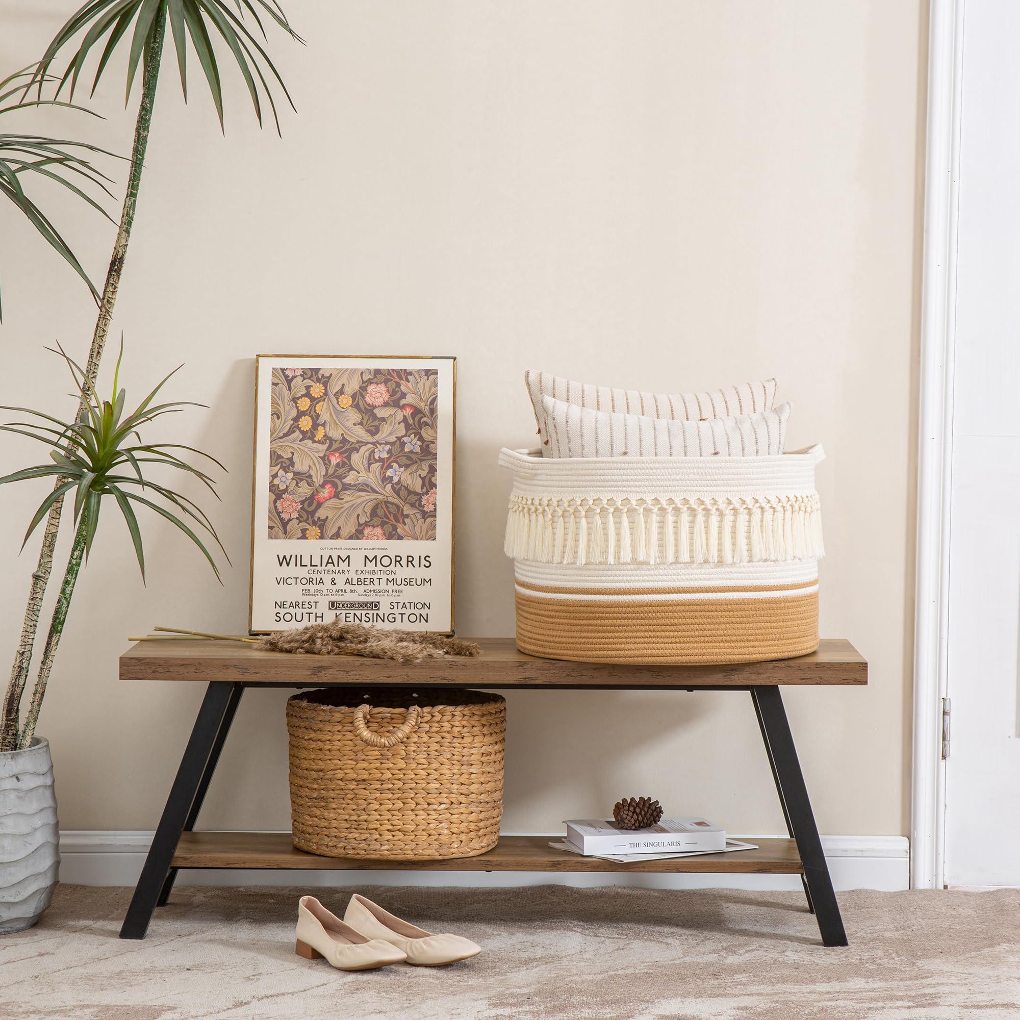 KAKAMAY dimension 20x20x13 basket demonstrates ample capacity for throws and cushions.