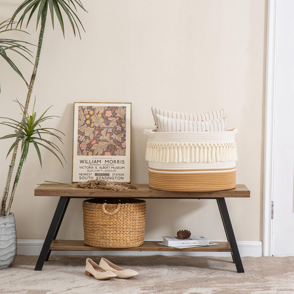 KAKAMAY dimension 20x20x13 basket demonstrates ample capacity for throws and cushions.