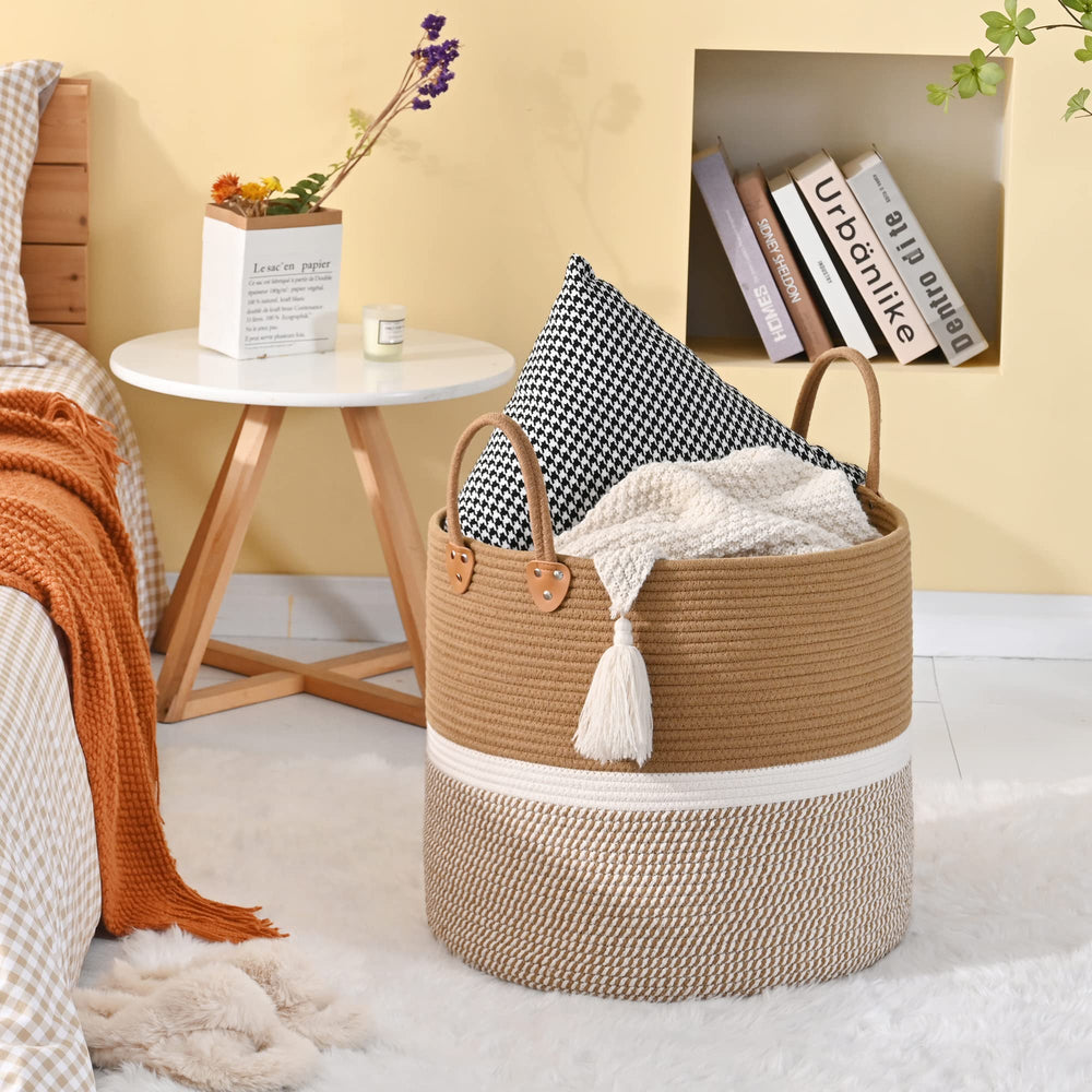 KAKAMAY large blanket basket top view for easy access to throws.