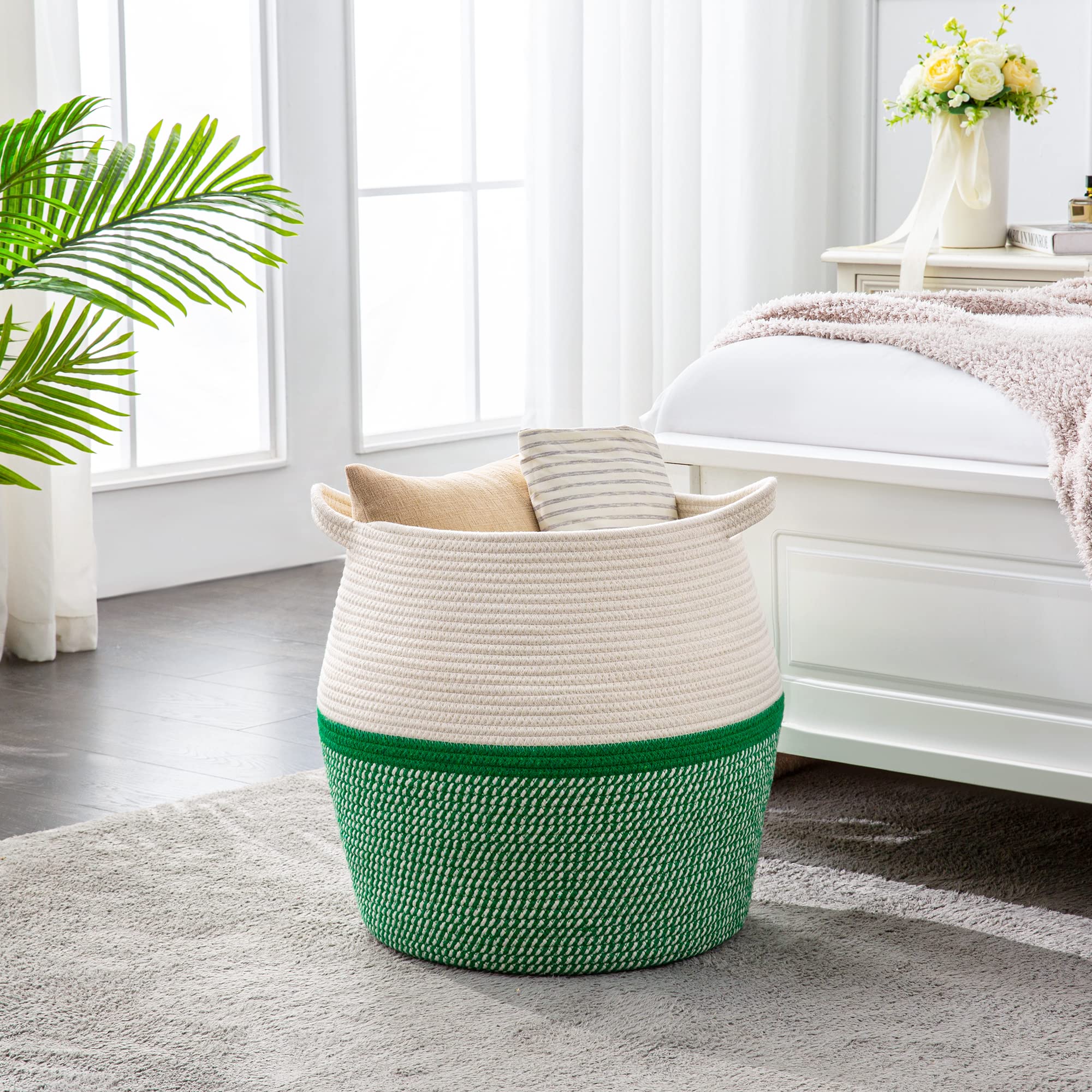 KAKAMAY living room storage basket in green doubles as decor.