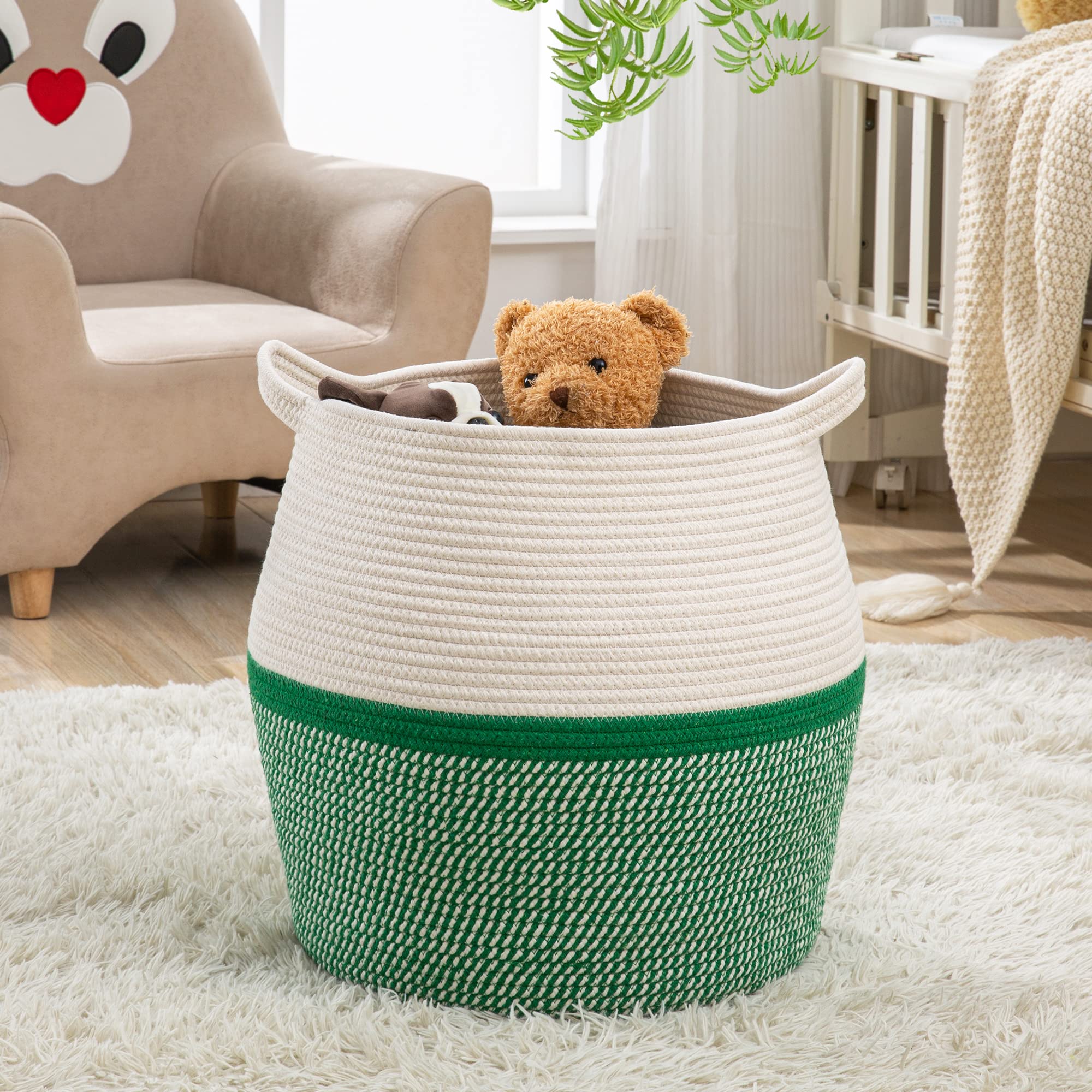 KAKAMAY nursery organizer basket in green ideal for toys and clothes.