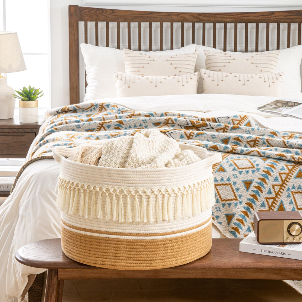 KAKAMAY nursery organizer basket helps tidy diapers and toys.