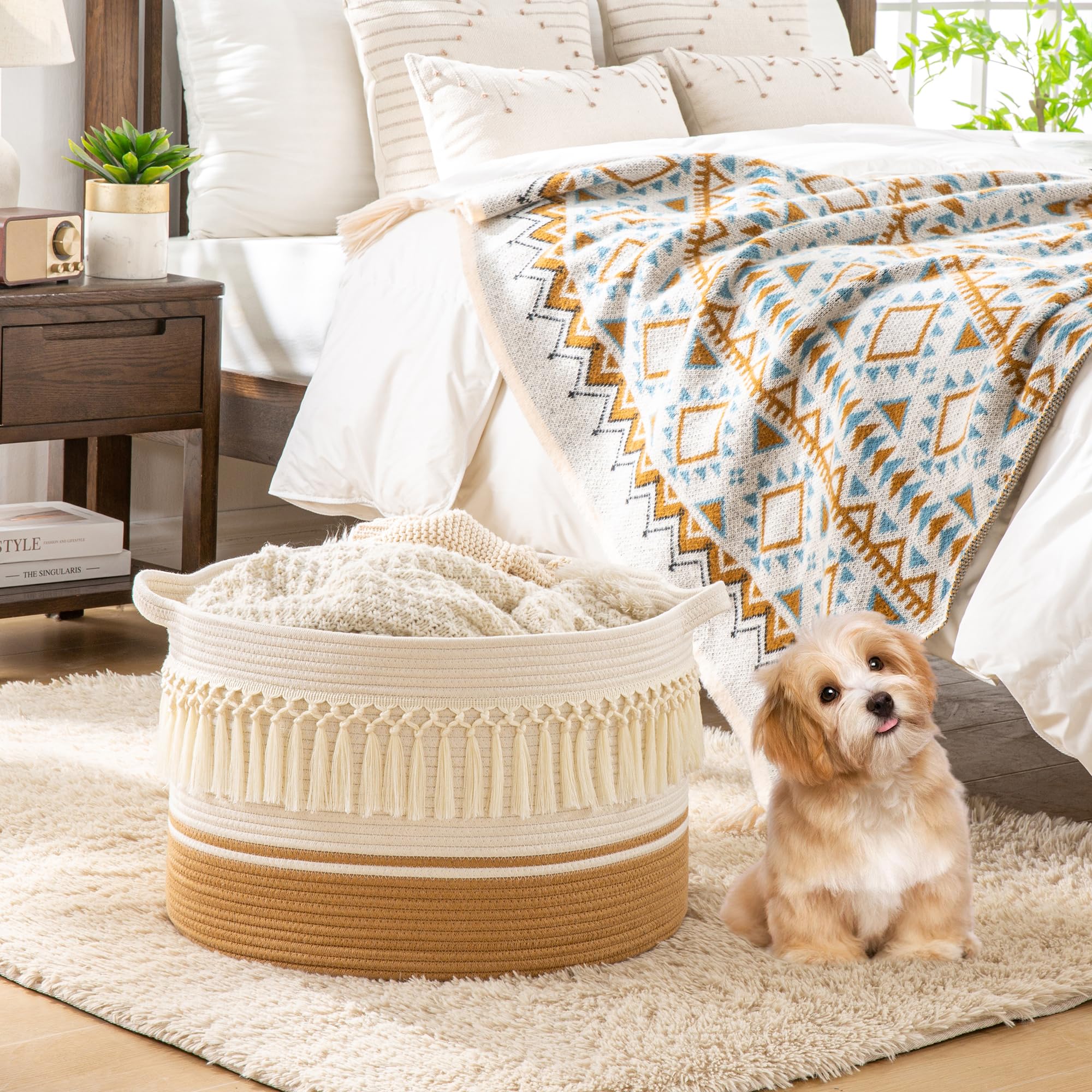 KAKAMAY storage basket in the living room keeps blankets and pillows neatly organized.
