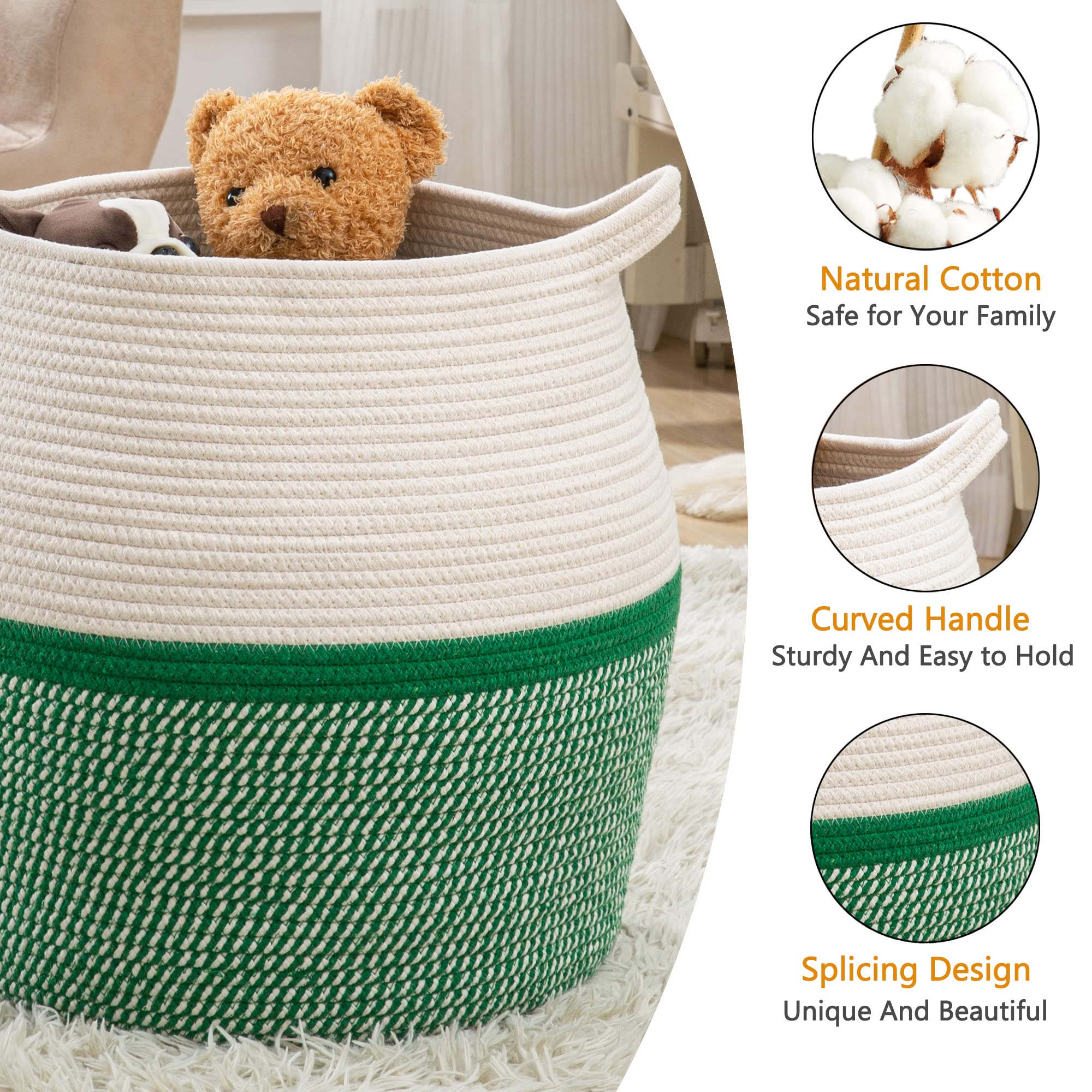 KAKAMAY woven baby laundry hamper in green for easy clothes sorting.