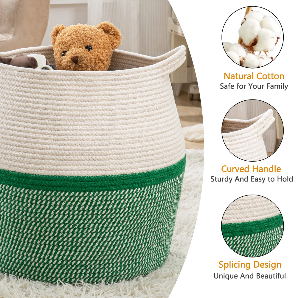 KAKAMAY woven baby laundry hamper in green for easy clothes sorting.