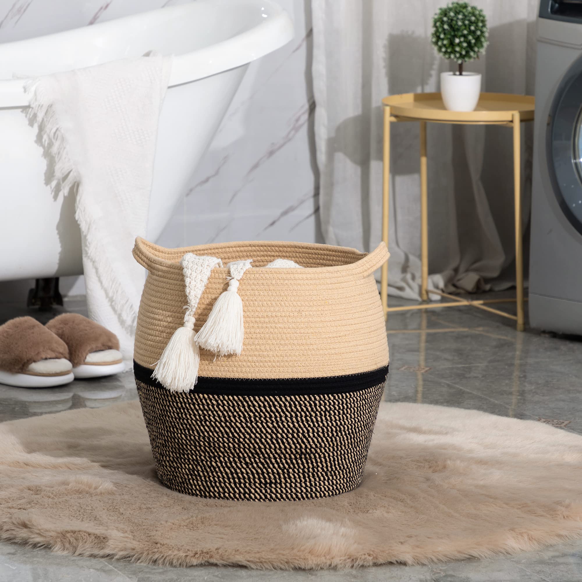KAKAMAY living room basket adds natural texture and keeps blankets accessible