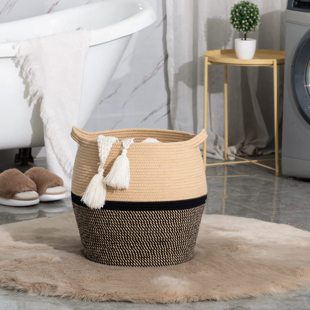 KAKAMAY living room basket adds natural texture and keeps blankets accessible