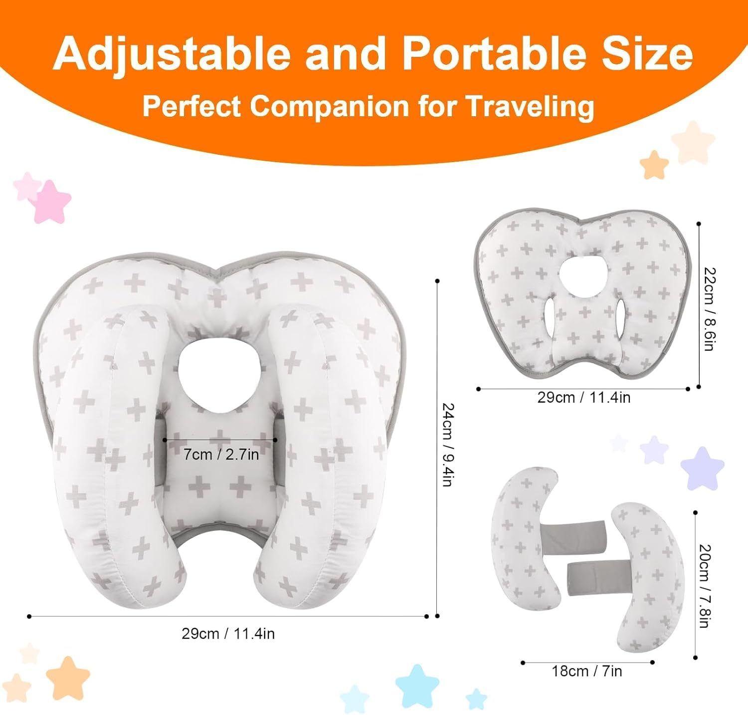 KAKIBLIN Baby Neck Pillow adjustable width supports different neck sizes.