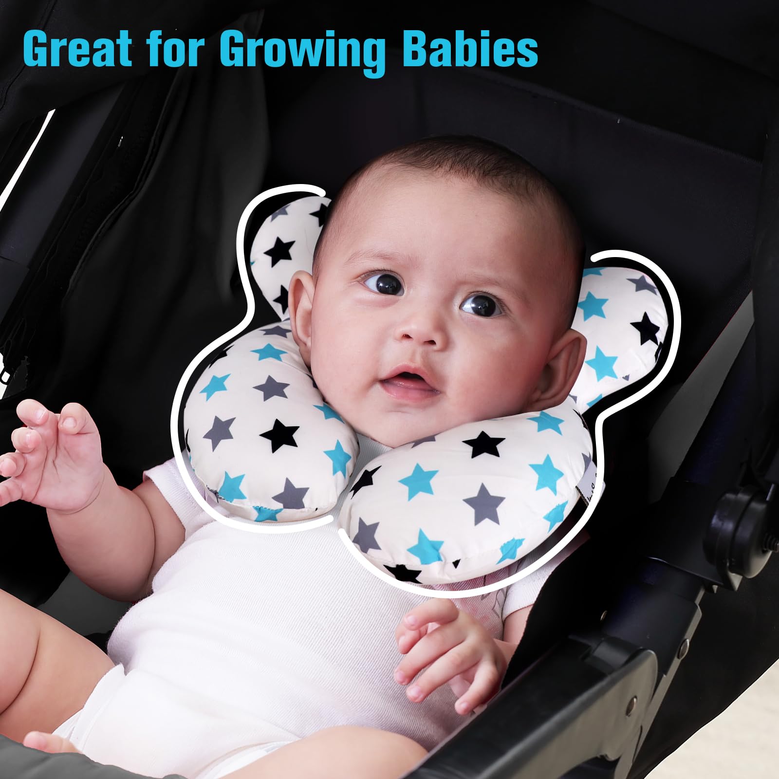 KAKIBLIN baby neck pillow in car seat setup for travel ease.