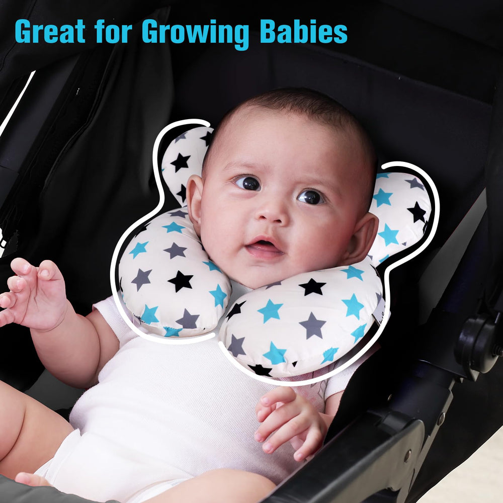 KAKIBLIN baby neck pillow in car seat setup for travel ease.