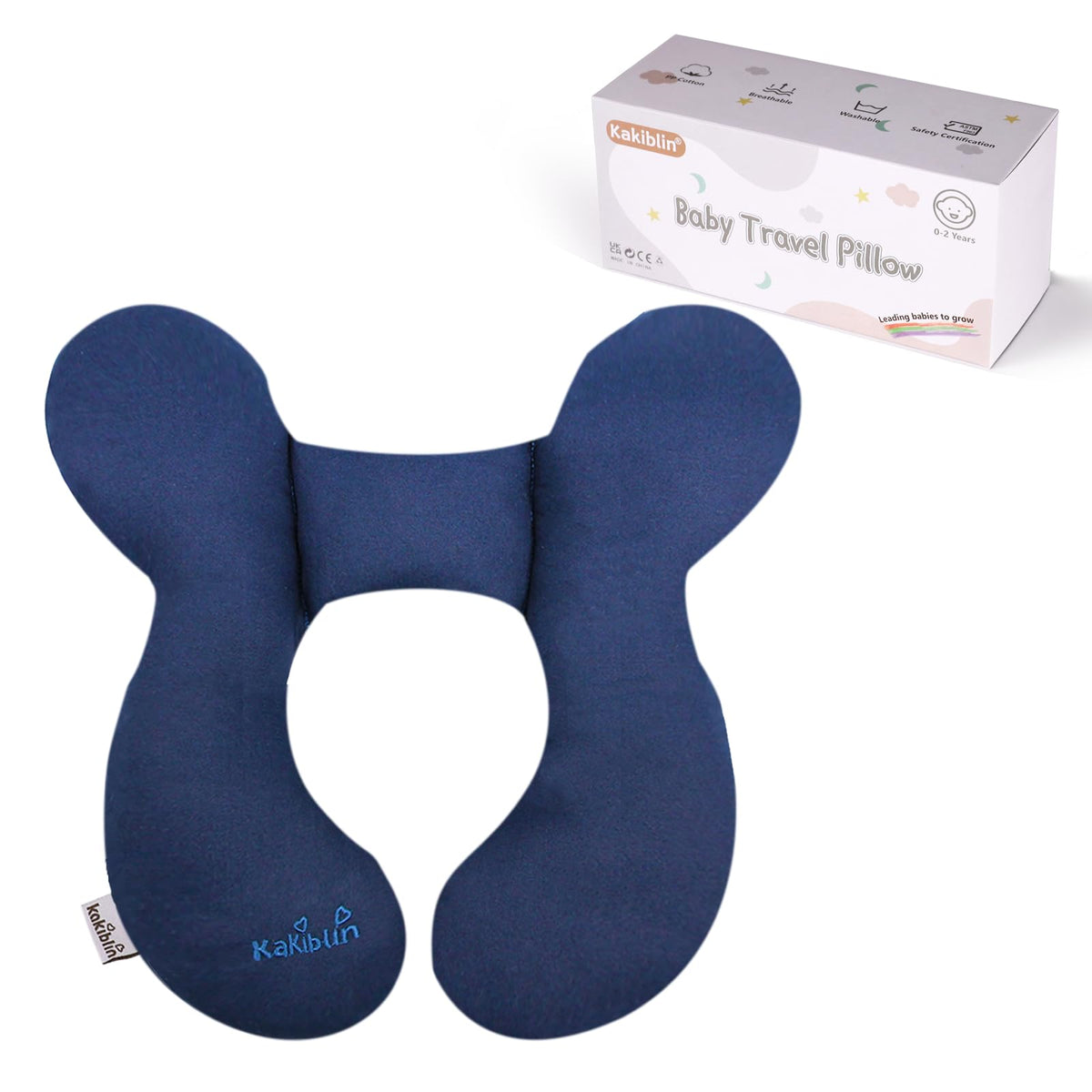KAKIBLIN baby neck pillow in dark blue shown from the front for travel comfort