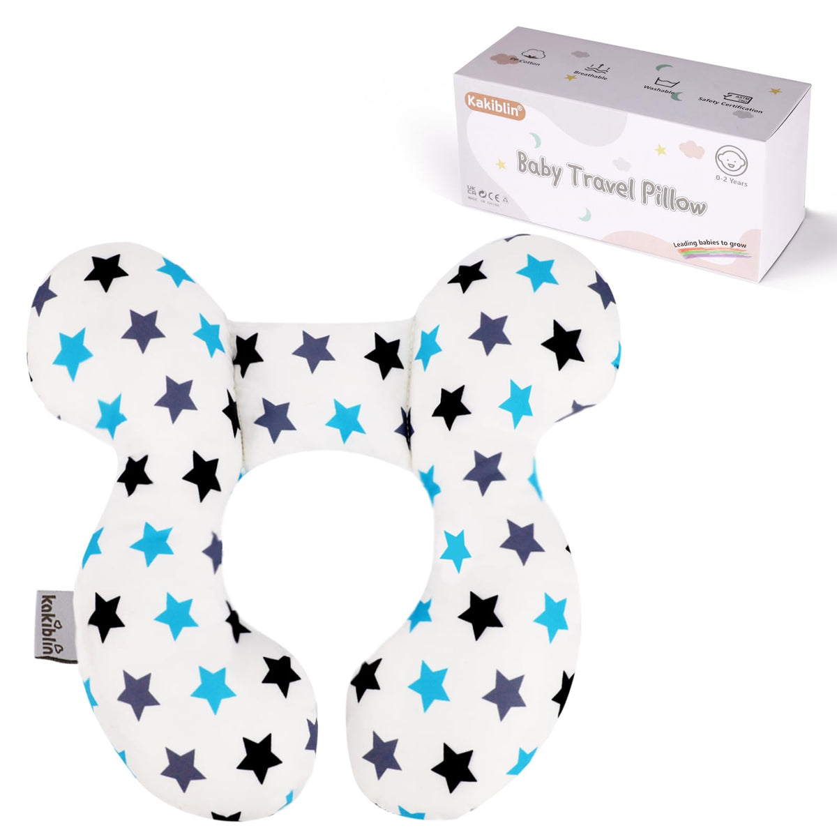 KAKIBLIN baby neck pillow in white star, front view offering gentle head support.