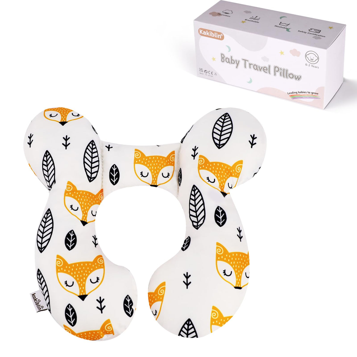 KAKIBLIN Yellow Fox baby neck pillow front view showing head support for car rides