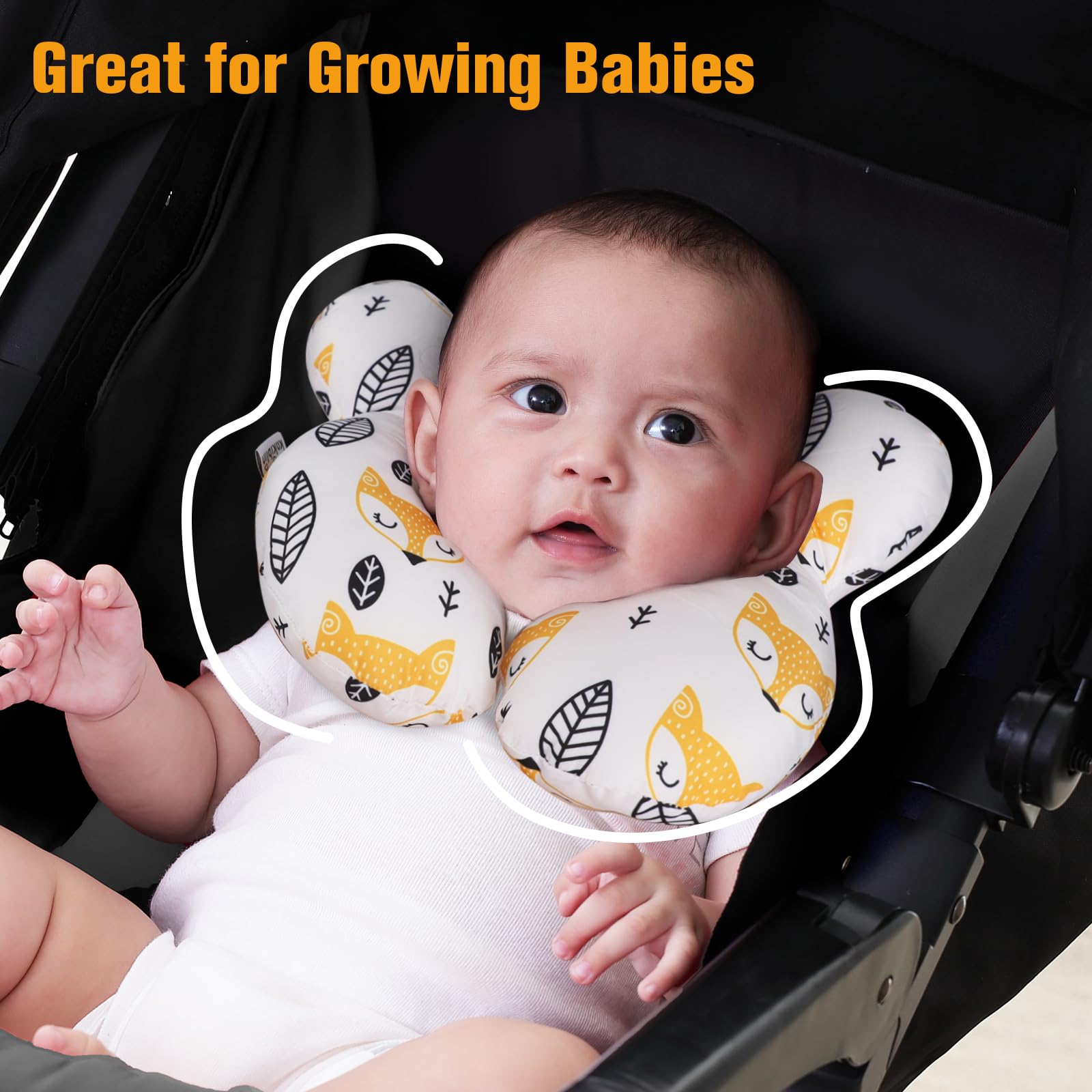 KAKIBLIN Yellow Fox pillow in stroller as a compact travel companion