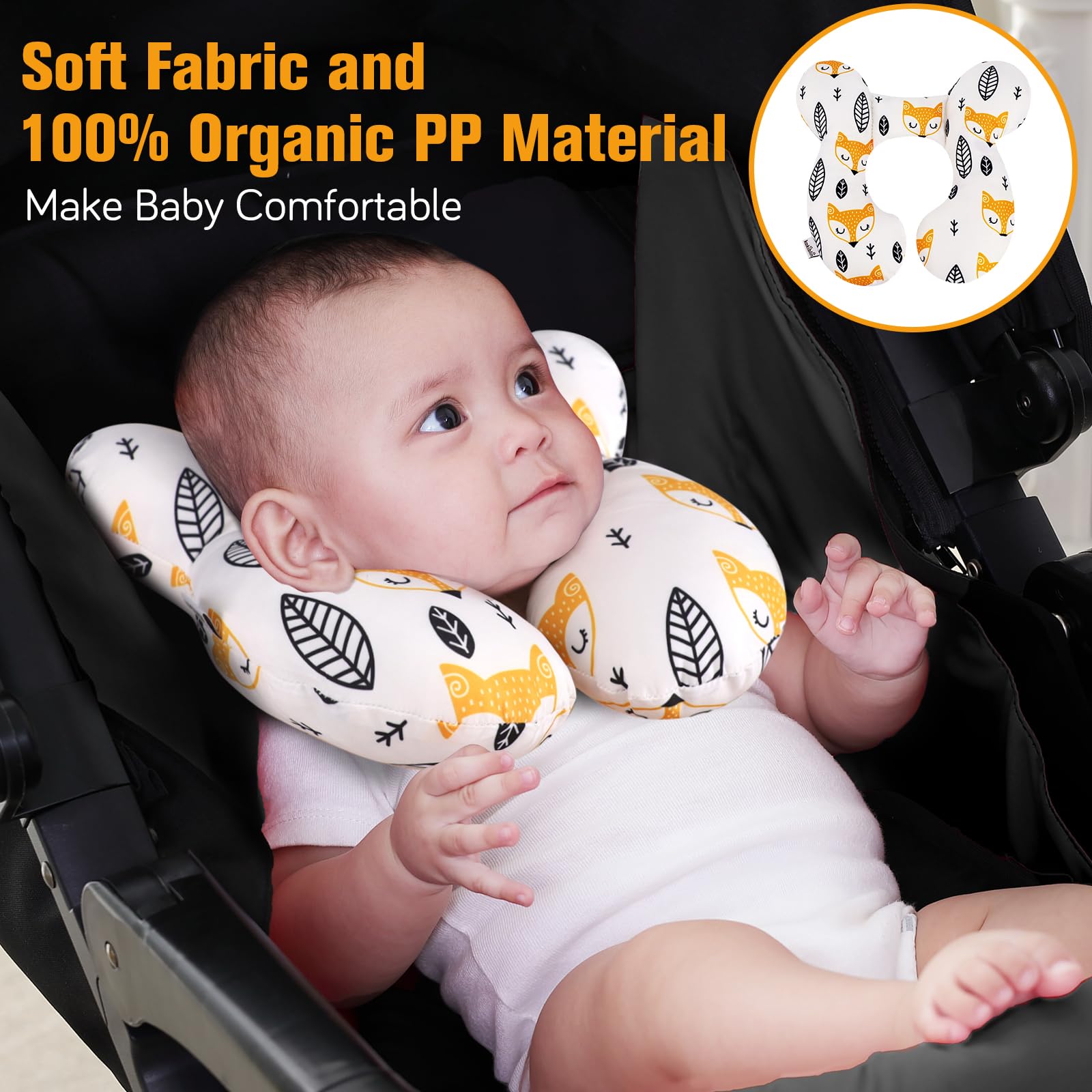 KAKIBLIN Yellow Fox neck pillow side view with gentle neck support for on-the-go babies