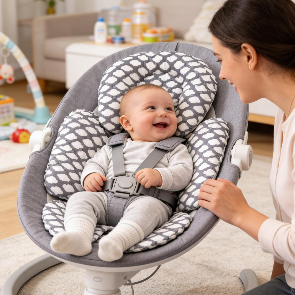 KAKIBLIN baby travel cushion fits 3-point and 5-point harness for secure seats.