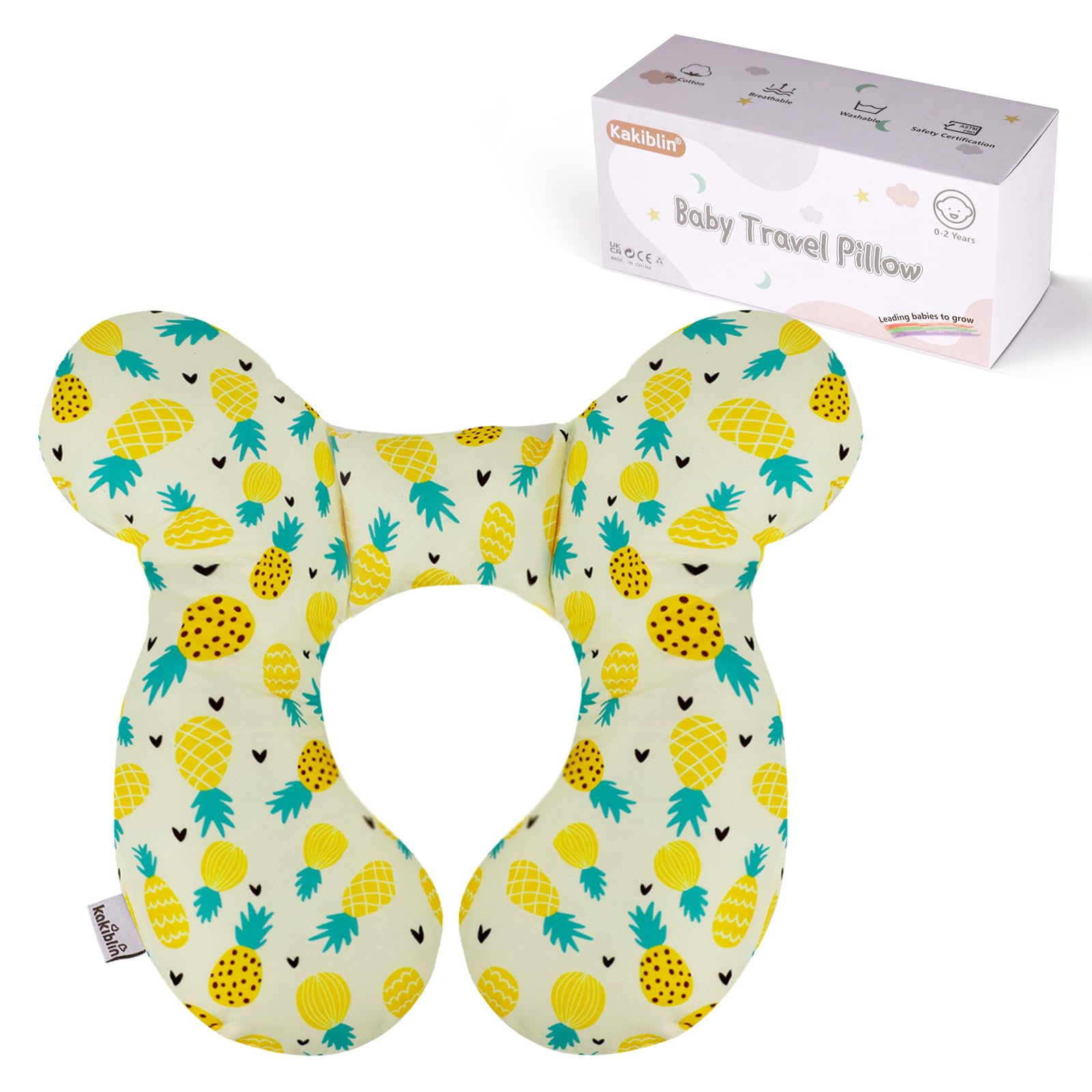 KAKIBLIN baby travel pillow front view in pineapple color supports head and neck on the go.