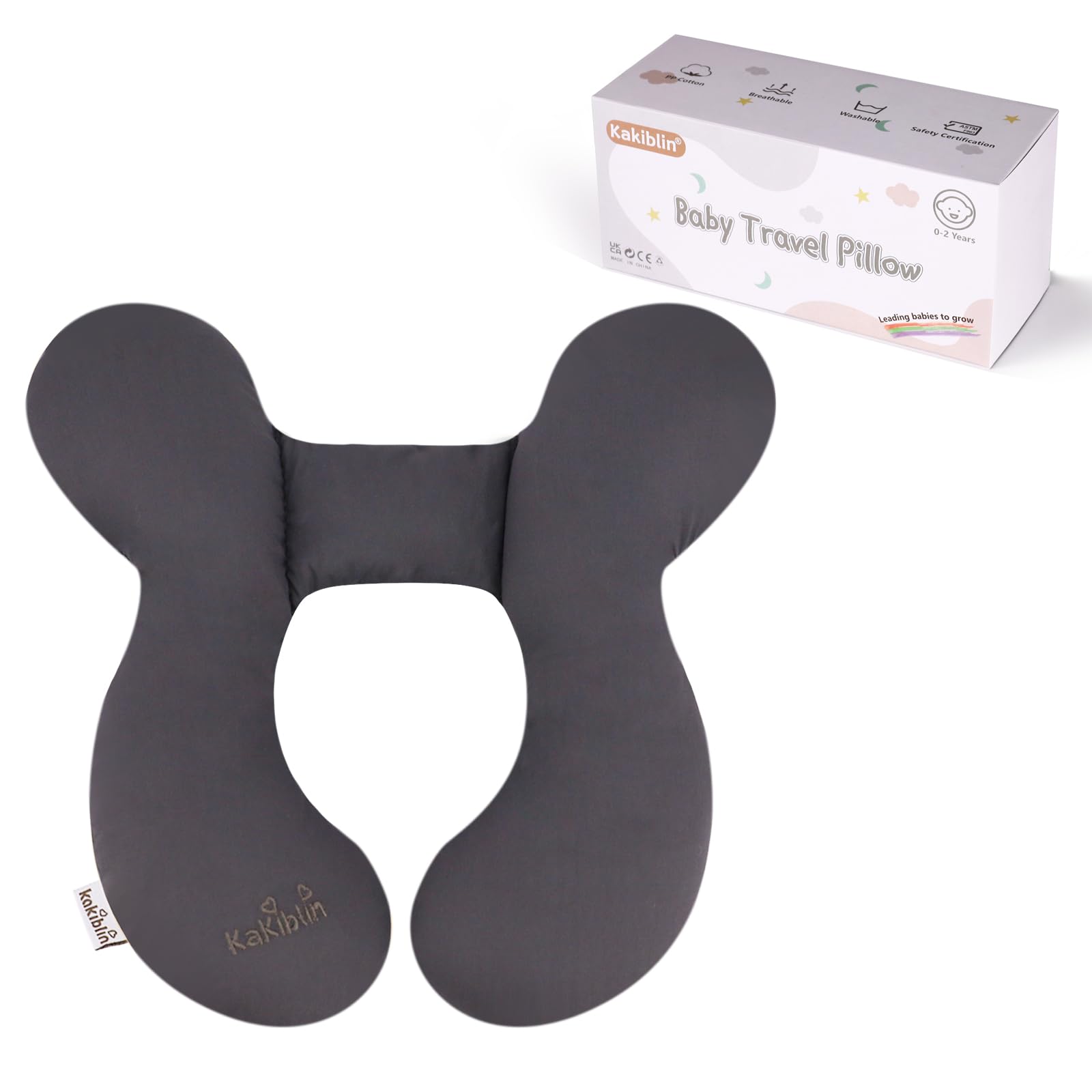 KAKIBLIN baby travel pillow grey cover provides gentle head support on the go.