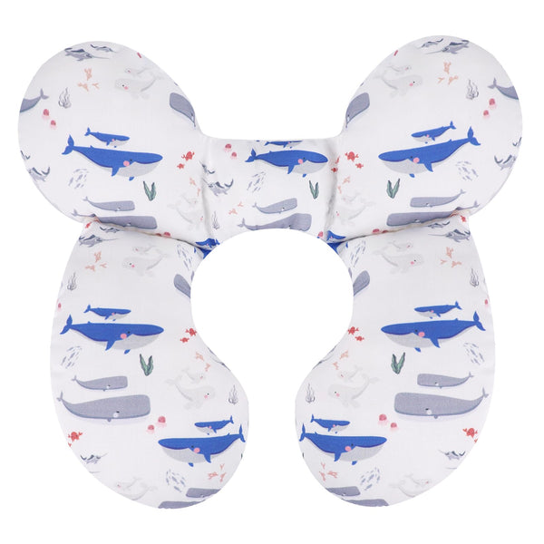 KAKIBLIN Whale front view baby travel pillow supports head and neck in car seats.