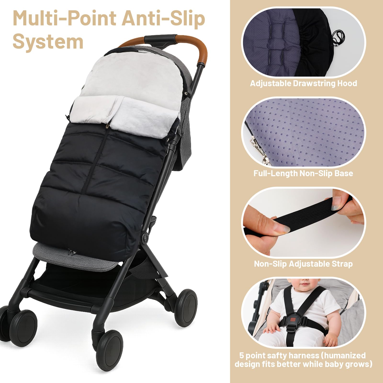 KAKIBLIN five-point harness keeps baby secure during strolls