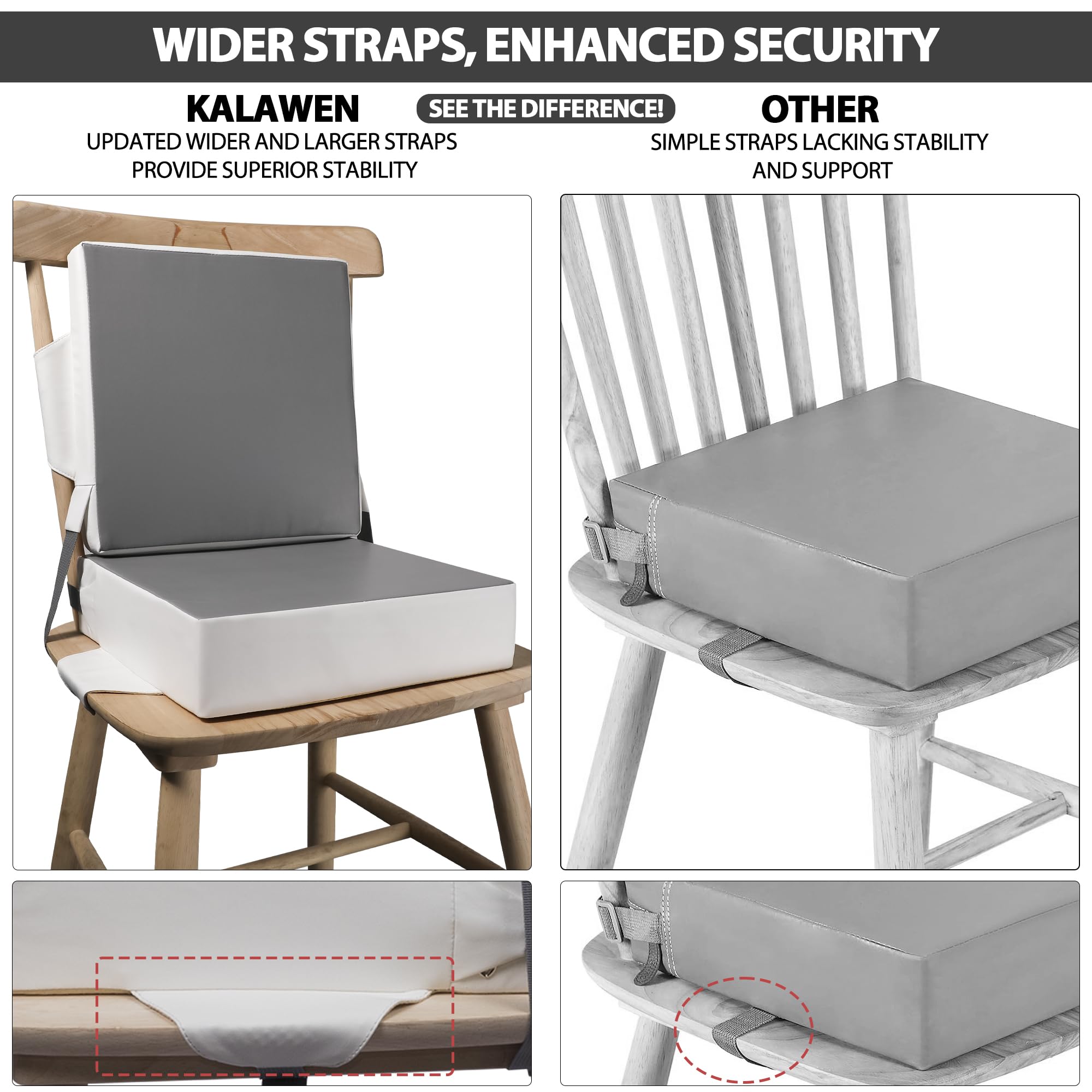 Kalawen booster seat upgraded straps and buckle stabilize the seat on your chair.