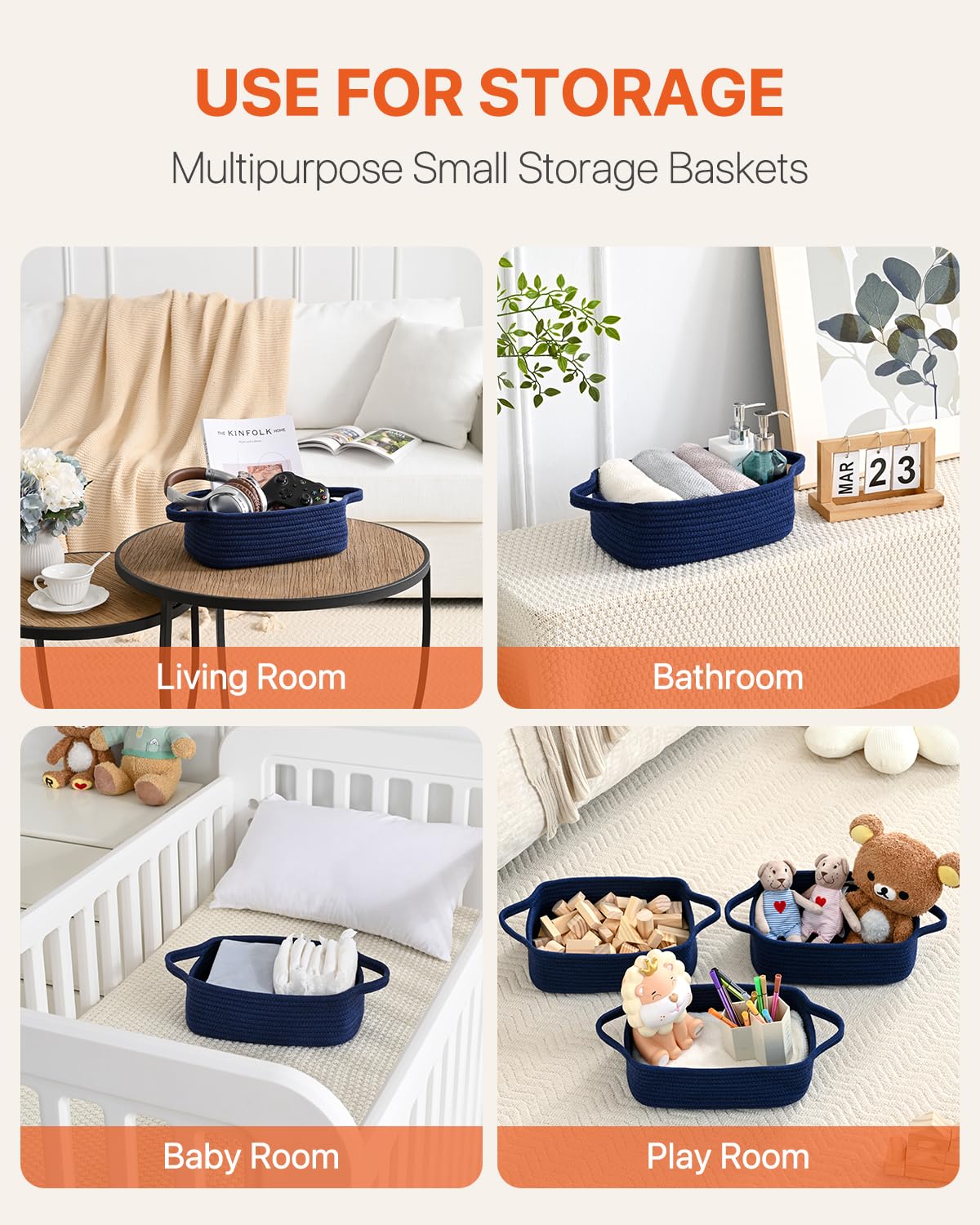 KALLAX navy storage basket enhances shelves with a clean, decorative touch.