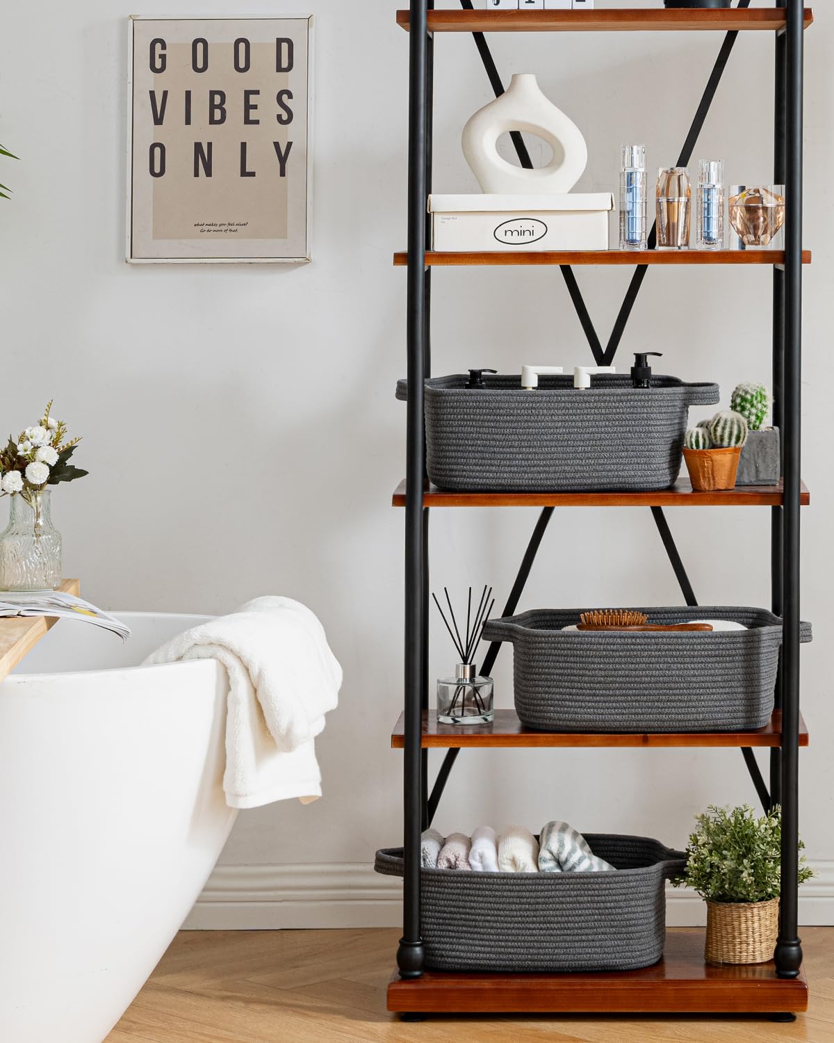 KALLAX basket adds warm texture to bathroom shelves