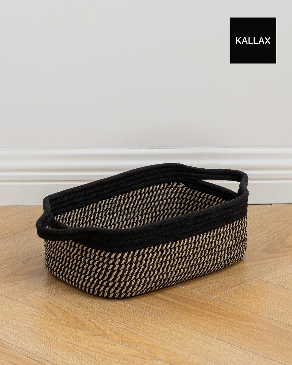 KALLAX Woven basket fits on shelves and nightstands for versatile storage.