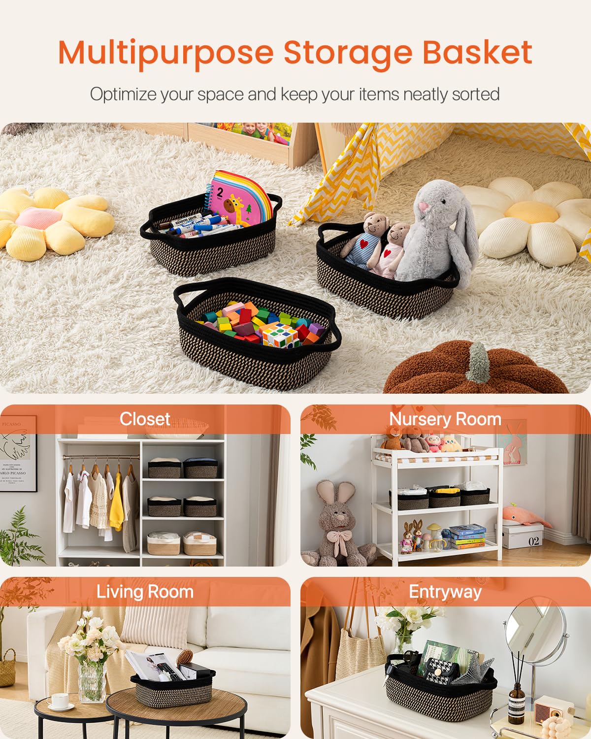 KALLAX Neutral color woven basket blends with modern or rustic decor.