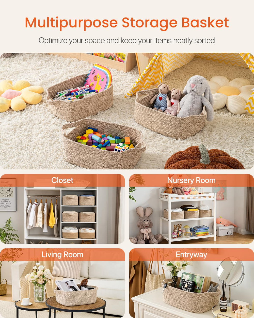 KALLAX Neutral-tone basket complements decor while concealing towels or toys.
