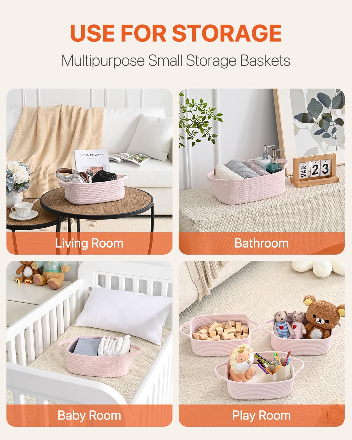 KALLAX small woven basket stores towels or bibs in a nursery or bath