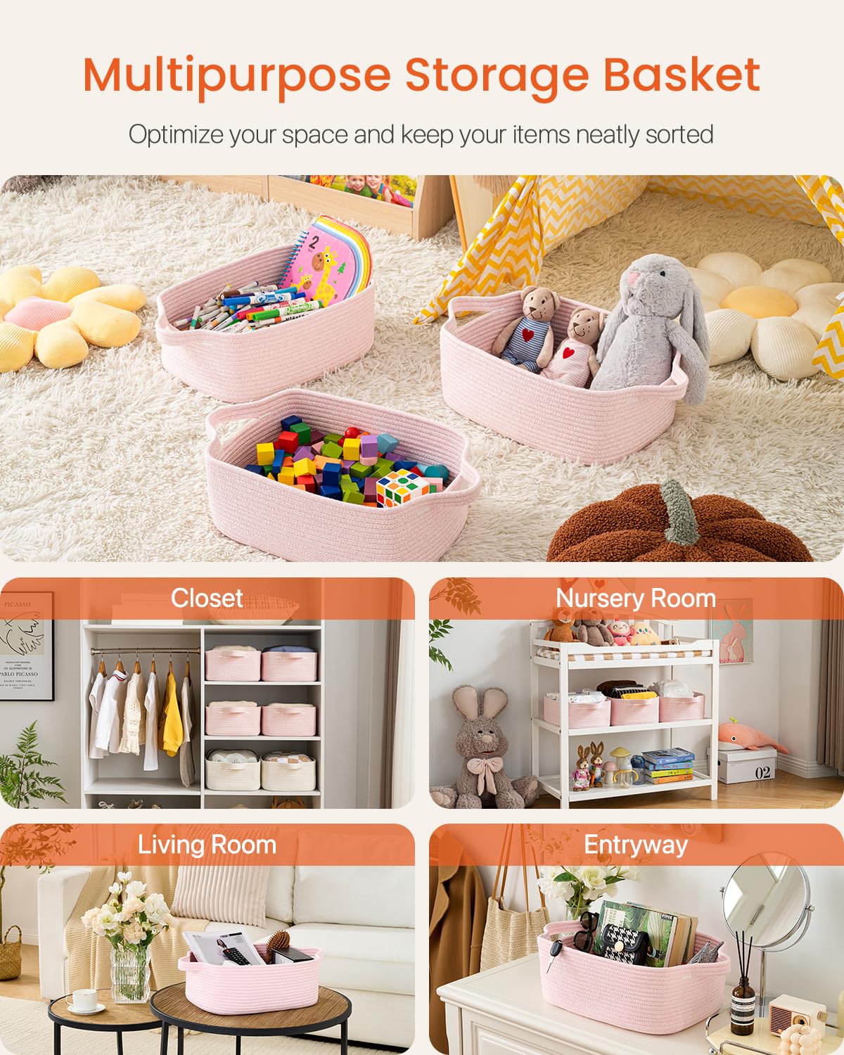 KALLAX small woven basket filled with toys, keeps playroom tidy.