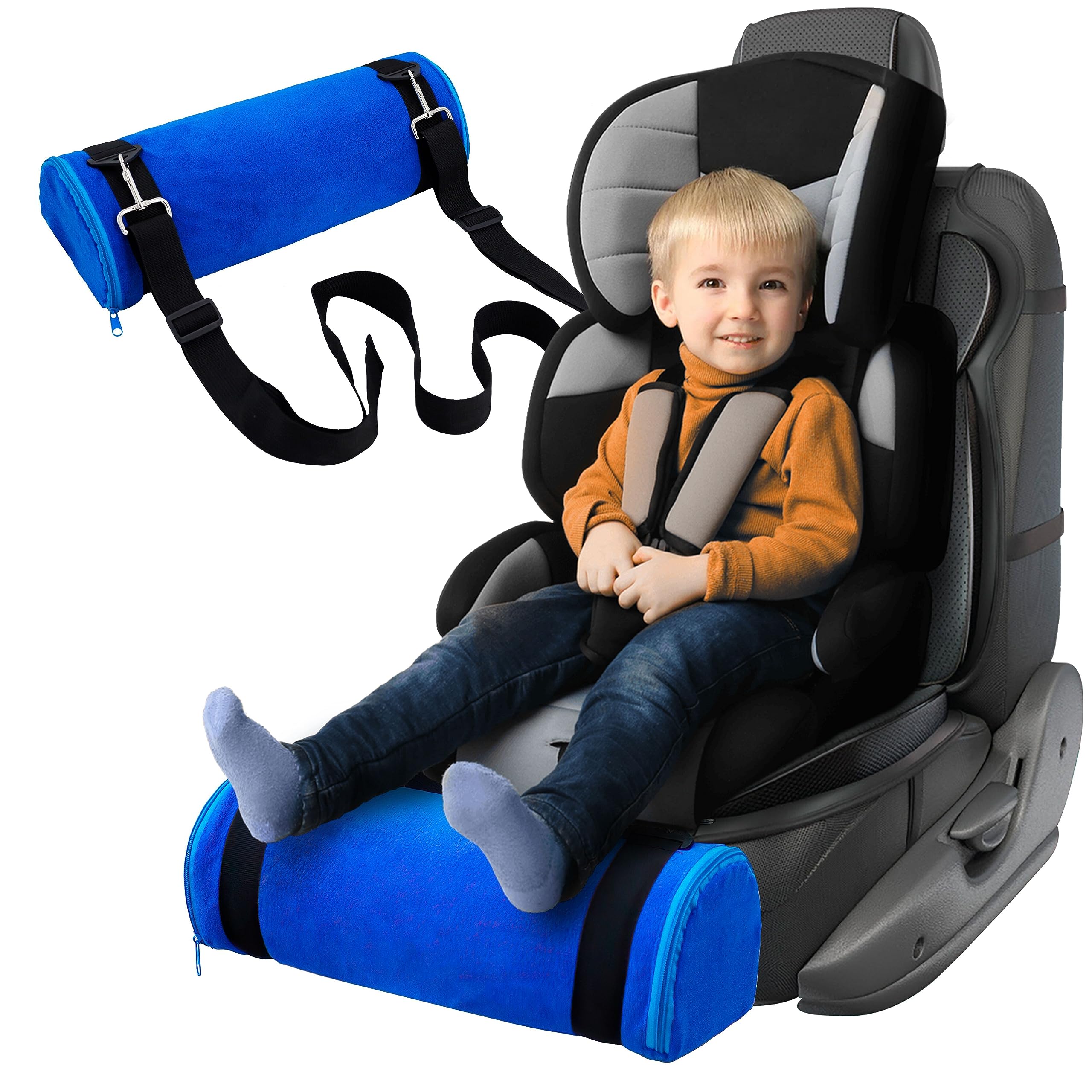 Kalnweis car seat foot rest with plush cover improves kid comfort on long trips.