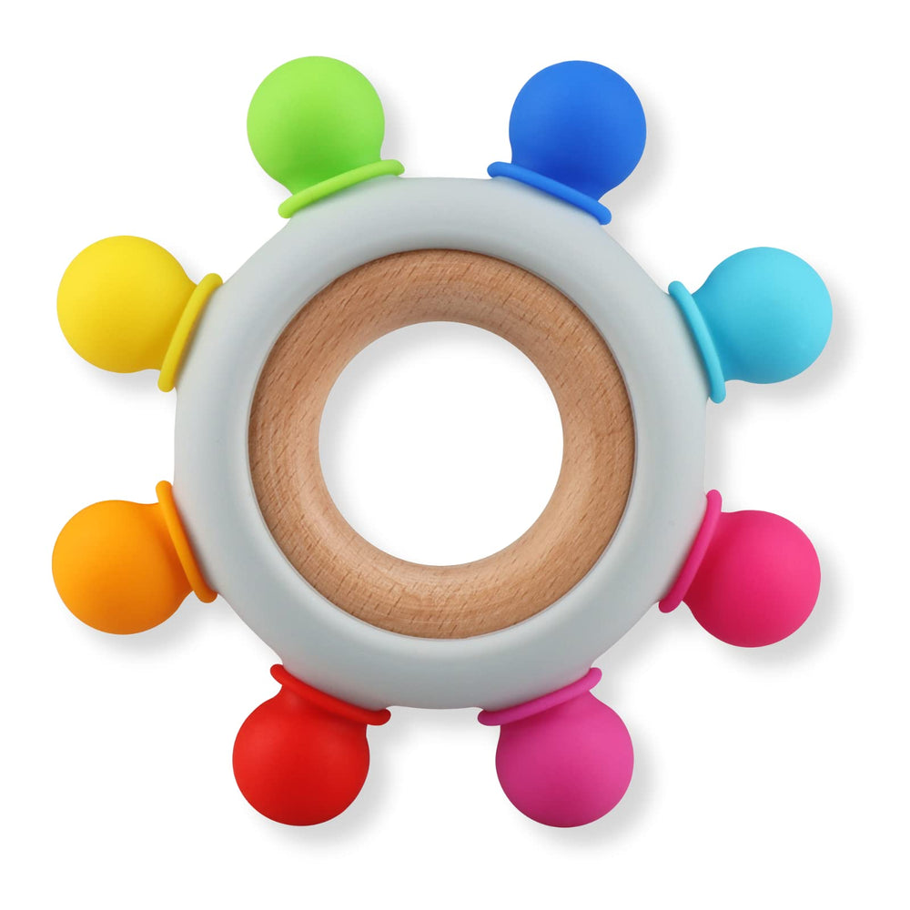 Kalovin baby teether silicone ring rainbow 8-directions for soothing gums during teething.