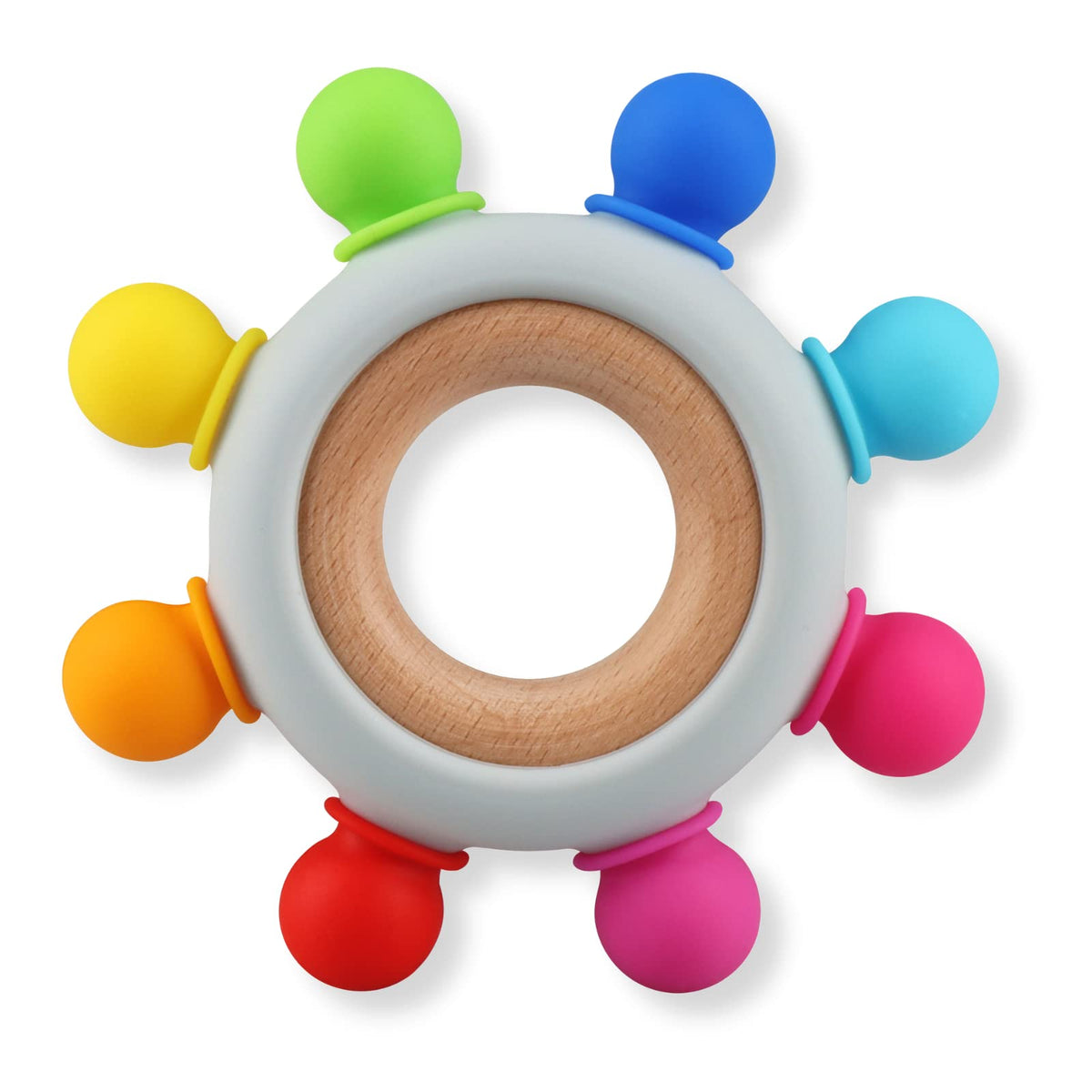 Kalovin baby teether silicone ring rainbow 8-directions for soothing gums during teething.
