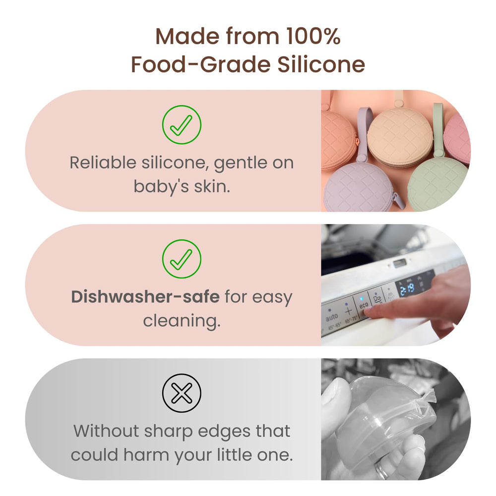 Kalovin pacifier case with zipper closure keeps pacifiers secure.