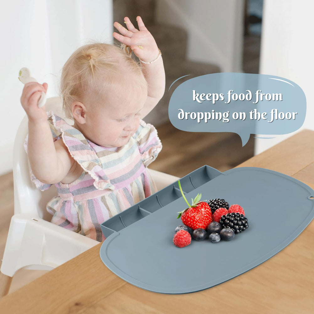 Kalovin placemat raised edge prevents spills from spreading during toddler meals.